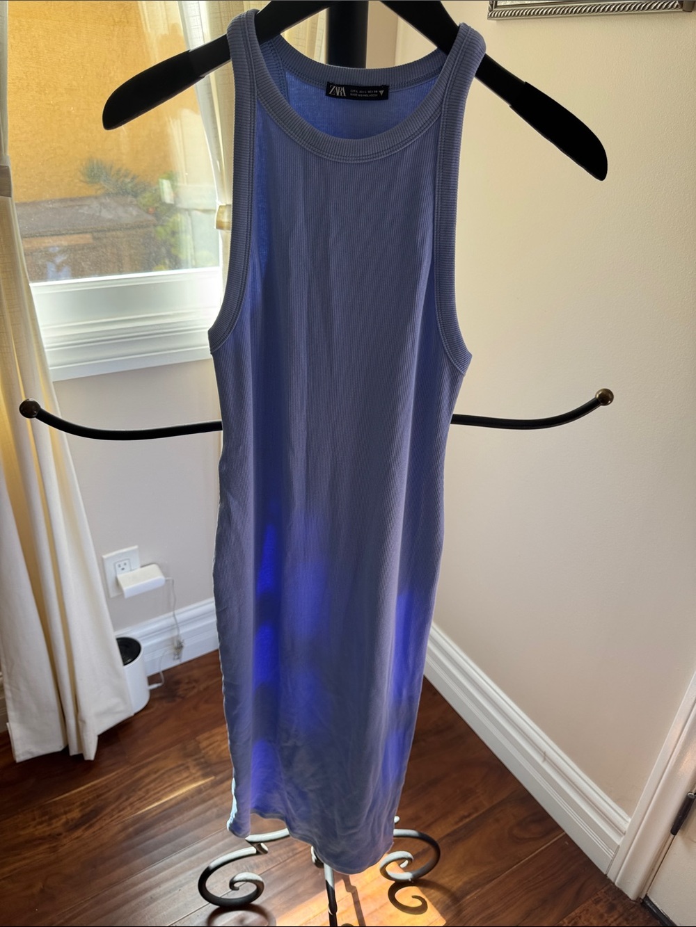 Zara women midi dress stretched periwinkle large ribbed tank style neckline